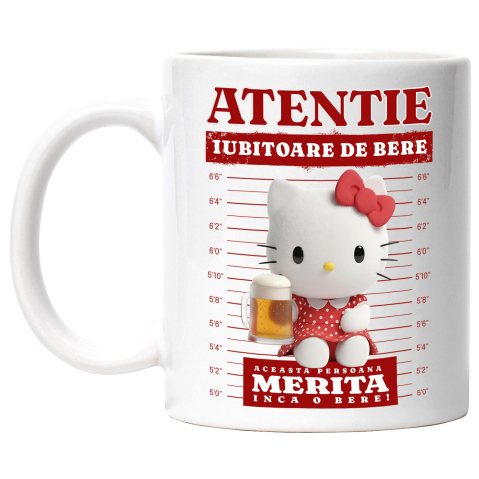 Bauturi - Cana Cu Hello Kitty – Un Cadou și o Bere pentru Distracție Ceramica, 330ML, cu Maner Alb