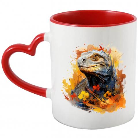 Maner Inima Rosie - Cana Cu Iguana, Soparla, Animal, Flori, Watercolor, Multicolor 330 ml, Ceramica cu Maner Inima Rosie