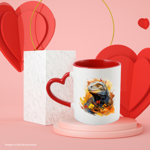 Cana Cu Iguana, Soparla, Animal, Flori, Watercolor, Multicolor 330 ml, Ceramica cu Maner Inima Rosie [1]
