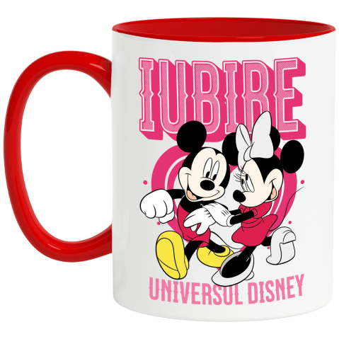 Cadouri Pentru Cupluri - Cana Cu Inima Plina de Dragoste – Minnie siMickey Ceramica, 330ML, cu Maner Rosu