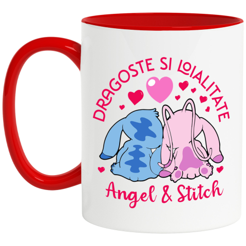 Cadouri Pentru Cupluri - Cana Cu Inimi Pereche: Angel & Stitch Ceramica, 330ML, cu Maner Rosu