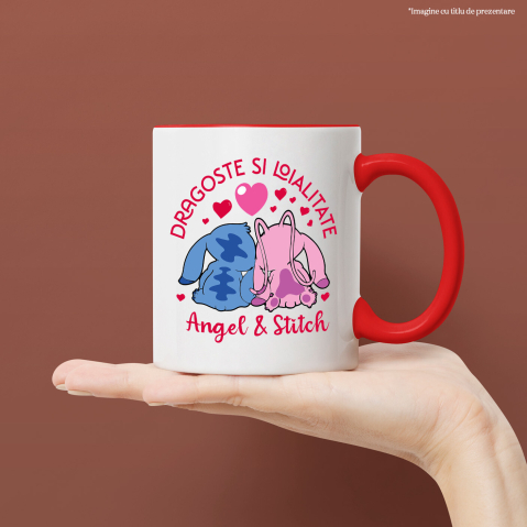 Cana Cu Inimi Pereche: Angel & Stitch Ceramica, 330ML, cu Maner Rosu [1]