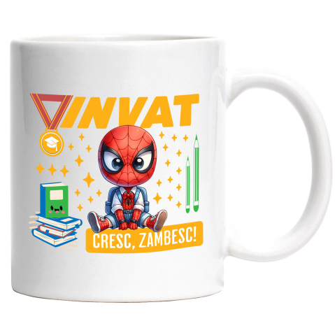 Cani Personalizate - Cana Cu Invatare Vesela cu Spiderman, Ceramica, 330ML