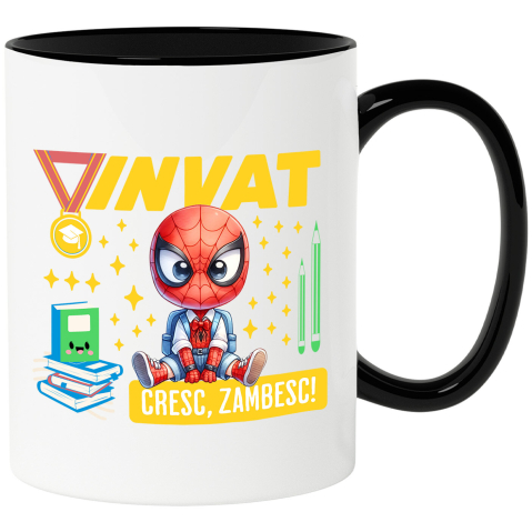 SuperEroi si Personaje TV - Cana Cu Invatare Vesela cu Spiderman Ceramica, 330ML, cu Maner Negru
