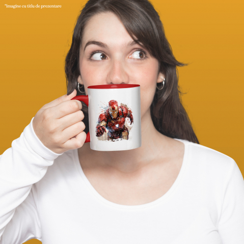 Cana Cu Iron Man, Avengers, Marvel, Iubitori De Filme, Supereroi, Multicolor 330 ml, Ceramica cu Maner Rosu [2]