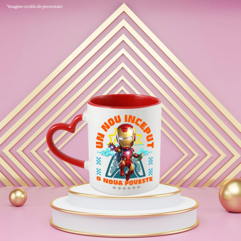 Cana Cu Iron Man – Cunoaștere și Inovație La Primii Pași Ceramica, 330ML, cu Maner Inima Rosie [1]
