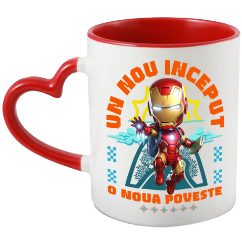 Căni - Cana Cu Iron Man – Cunoaștere și Inovație La Primii Pași Ceramica, 330ML, cu Maner Inima Rosie