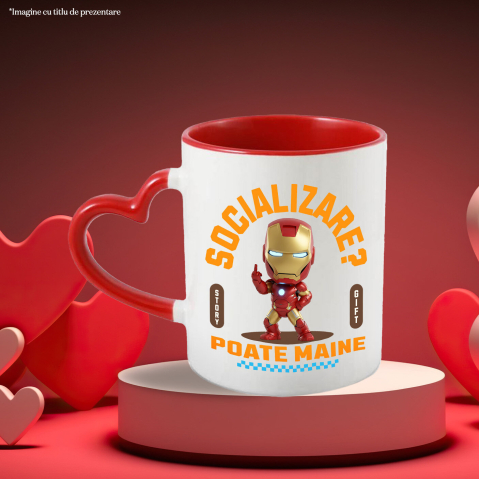 Cana Cu Iron man , Degetul Mijlociu, Socializare? Poate maine, Anti-social Ceramica, 330ML, cu Maner Inima Rosie [2]