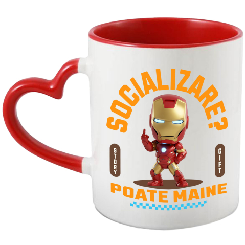 Desene Animate - Cana Cu Iron man , Degetul Mijlociu, Socializare? Poate maine, Anti-social Ceramica, 330ML, cu Maner Inima Rosie