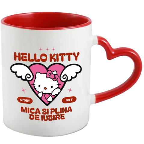 Desene Animate - Cana Cu Iubire si Zambete cu Hello Kitty Ceramica, 330ML, cu Maner Inima Rosie