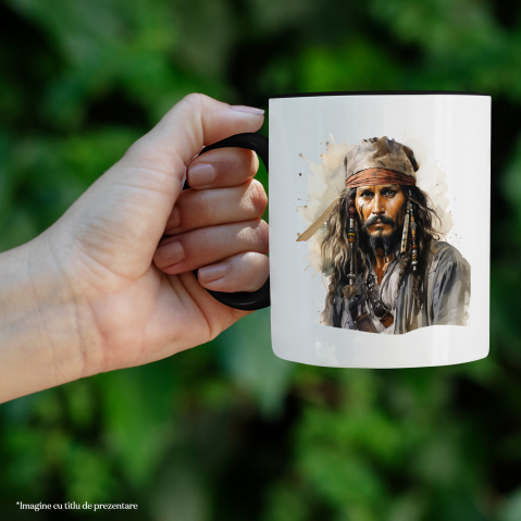 Cana Cu Jack Sparrow, Piratii Din Caraibe, Pirat, Esarfa, Barba, Filme, Multicolor 330 ml, Ceramica cu Maner Negru [2]