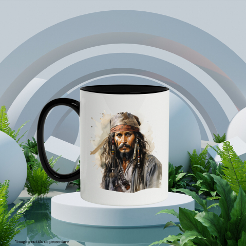 Cana Cu Jack Sparrow, Piratii Din Caraibe, Pirat, Esarfa, Barba, Filme, Multicolor 330 ml, Ceramica cu Maner Negru [1]