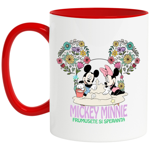 Căni - Cana Cu Joaca si Zambete cu Mickey Mouse si Minnie Ceramica, 330ML, cu Maner Rosu