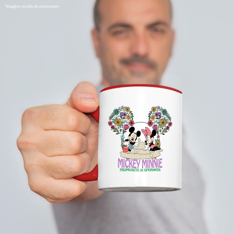 Cana Cu Joaca si Zambete cu Mickey Mouse si Minnie Ceramica, 330ML, cu Maner Rosu [1]