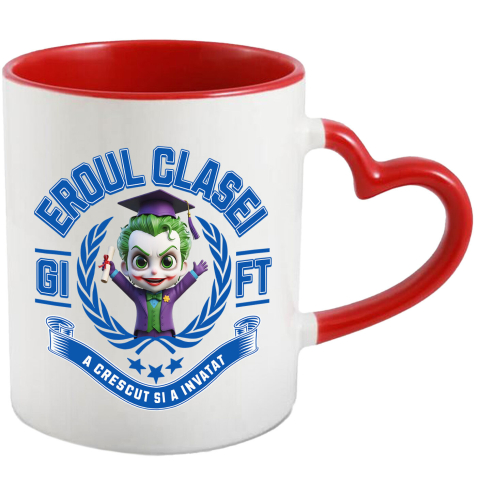 Căni - Cana Cu Joker Erou – Scoala Devine Distractie Ceramica, 330ML, cu Maner Inima Rosie