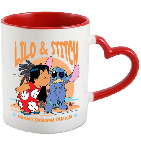 Căni - Cana Cu Lilo si Stitch – vacanta vesela Ceramica, 330ML, cu Maner Inima Rosie