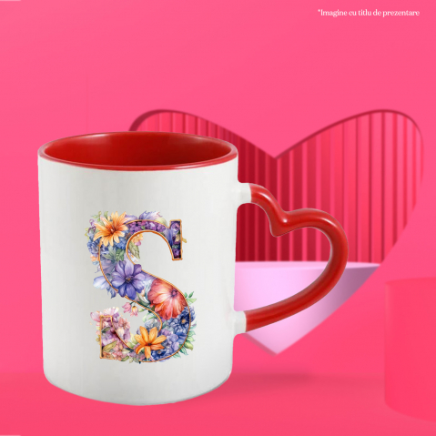 Cana cu litera "S", ilustratie, pentru copii, scoala, elev, abecedar, alfabet, flori cu Maner Inima Rosie [2]
