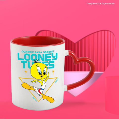 Cana Cu Looney Tunes energie si miscare Ceramica, 330ML, cu Maner Inima Rosie [1]