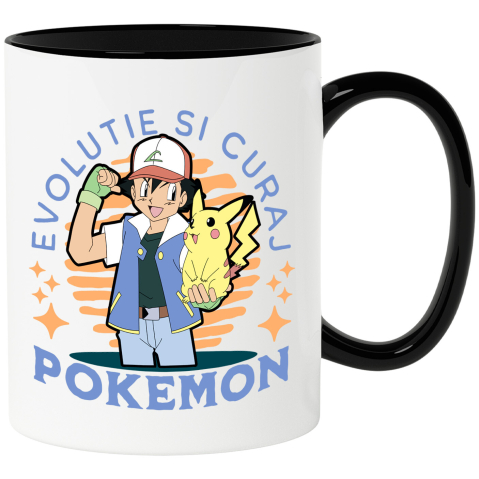 Desene Animate - Cana Cu Lupta pentru Titlul de Maestru Pokemon cu Ash Ceramica, 330ML, cu Maner Negru