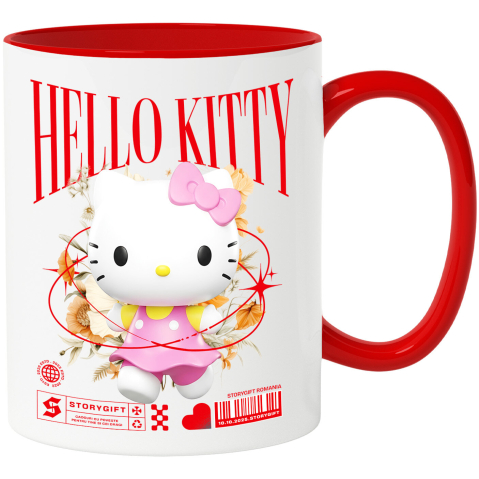 Căni - Cana Cu Magie și Flori cu Hello Kitty din Lumea Disney Ceramica, 330ML, cu Maner Rosu