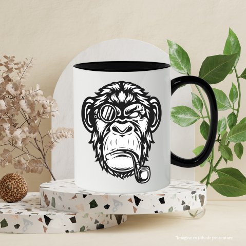 Cana Cu Maimuta, Pipa, Tutun, Monoclu, Portret, Alb Negru 330 ml, Ceramica cu Maner Negru [1]