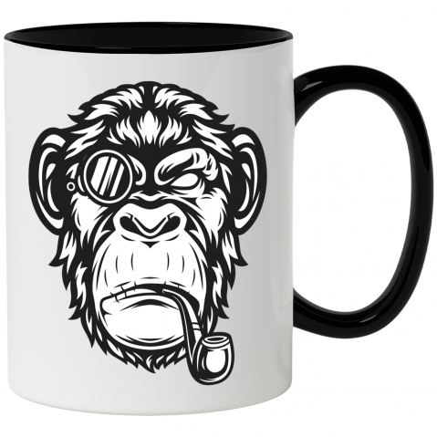 Maner Negru - Cana Cu Maimuta, Pipa, Tutun, Monoclu, Portret, Alb Negru 330 ml, Ceramica cu Maner Negru