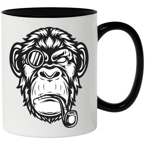 Maner Negru - Cana Cu Maimuta, Pipa, Tutun, Monoclu, Portret, Alb Negru 330 ml, Ceramica cu Maner Negru