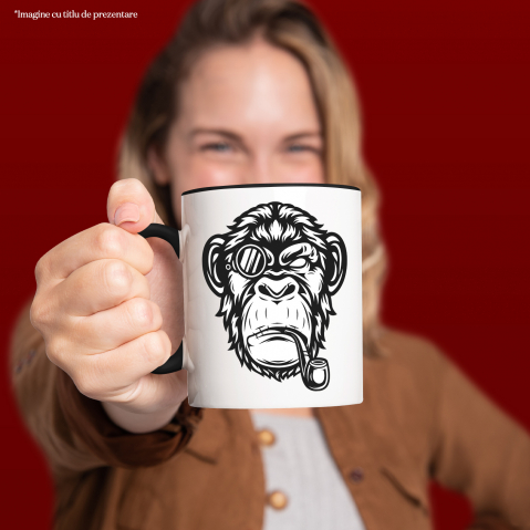 Cana Cu Maimuta, Pipa, Tutun, Monoclu, Portret, Alb Negru 330 ml, Ceramica cu Maner Negru [2]