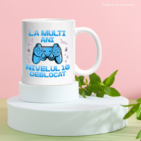 Cana cu Maneta Joc Video Lume Digitala Text La Multi Ani Nivelul 10 Deblocat , Ceramica, 330ML, cu Maner Alb [2]