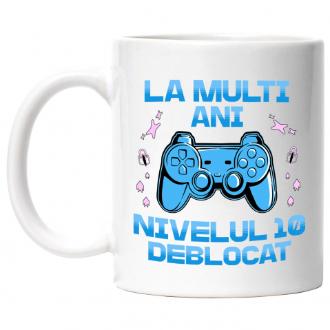 Maner Alb - Cana cu Maneta Joc Video Lume Digitala Text La Multi Ani Nivelul 10 Deblocat , Ceramica, 330ML, cu Maner Alb