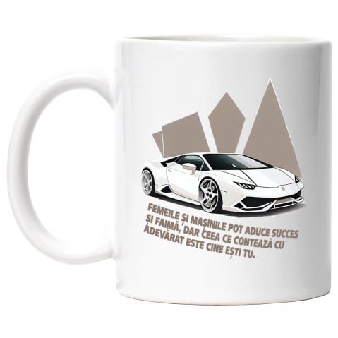 Maner Alb - Cana Cu Masina Alba Sport De Curse, Mesaj Motivational Despre Incredere In Sine, Viteza, Motor Mare, Multicolor 330 ml, Maner Alb