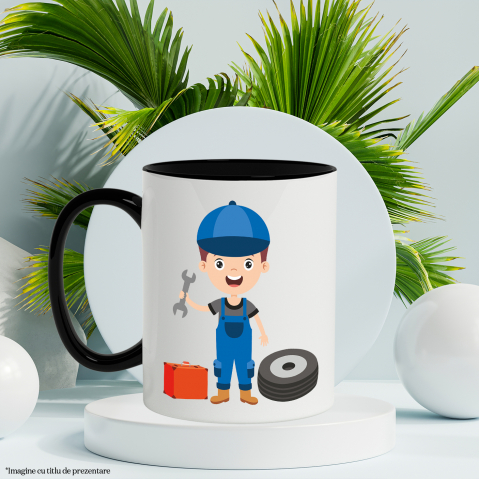 Cana Cu Mecanic Auto, Roata, Trusa, Unelte, Cheie, Salopeta, Multicolor 330 ml, Ceramica cu Maner Negru [1]