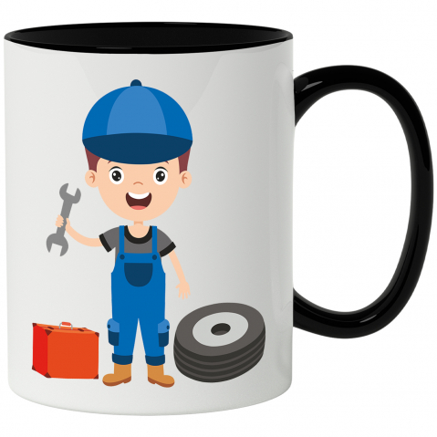 Maner Negru - Cana Cu Mecanic Auto, Roata, Trusa, Unelte, Cheie, Salopeta, Multicolor 330 ml, Ceramica cu Maner Negru