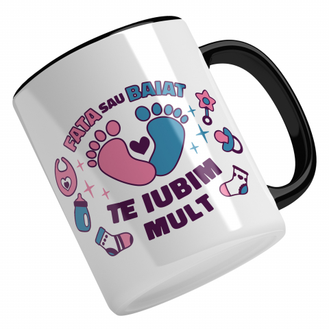 Maner Negru - Cana Cu Mesaj Fata Sau Baiat Te Iubim Mult, Viitori Parinti, Albastru Roz, Familie, Baby Reavel, Copilarie, 330 ml, Maner Negru