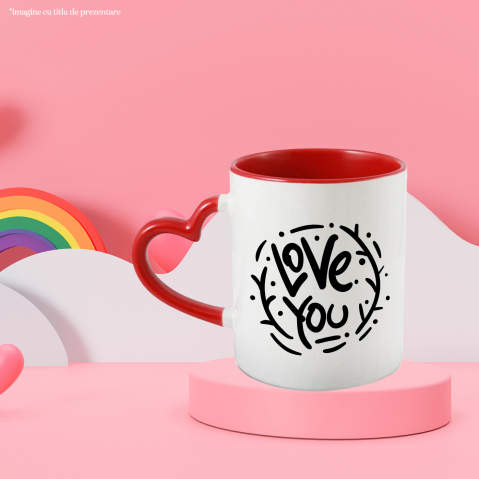 Cana Cu Mesaj In Engleza Love You, Te Iubesc, Cerc, Ramuri, Alb Negru 330 ml, Ceramica cu Maner Inima Rosie [1]