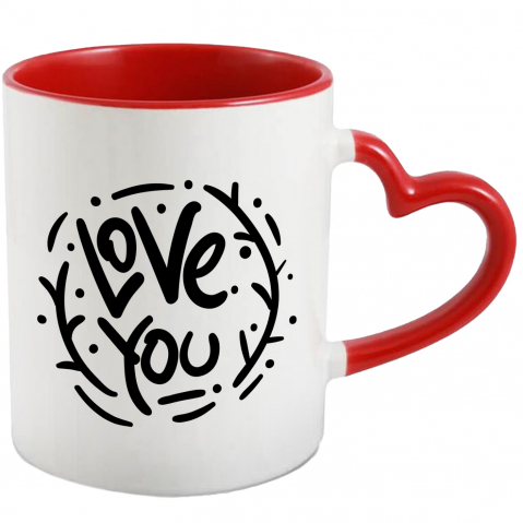 Maner Inima Rosie - Cana Cu Mesaj In Engleza Love You, Te Iubesc, Cerc, Ramuri, Alb Negru 330 ml, Ceramica cu Maner Inima Rosie