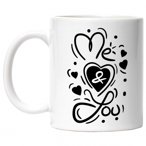 Maner Alb - Cana Cu Mesaj In Engleza Me & You, Inima, Dragoste, Relatie, Cuplu, Alb Negru 330 ml, Ceramica cu Maner Alb