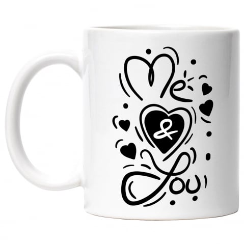 Maner Alb - Cana Cu Mesaj In Engleza Me & You, Inima, Dragoste, Relatie, Cuplu, Alb Negru 330 ml, Ceramica cu Maner Alb