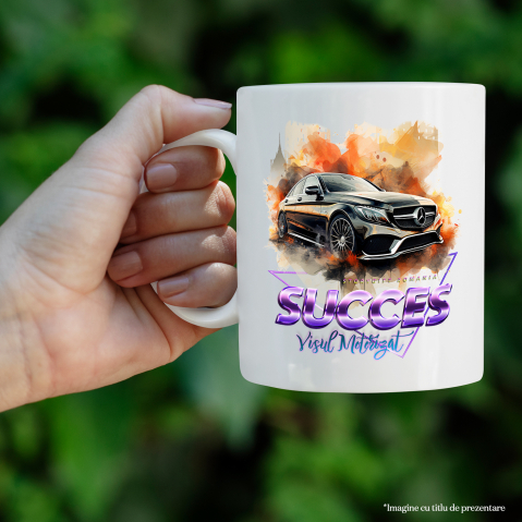 Cana Cu Mesaj Succes Visul Motorizat, Masina, Triunghi, Mercedes, Multicolor 330 ml, Ceramica cu Maner Alb [2]