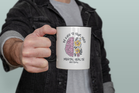 Cana Cu Mesajul Be Kind To Your Mind, Creier Langa Flori, Mental Health Matters, Love Yourself, Personalizat, 330 ml, Maner Negru [1]