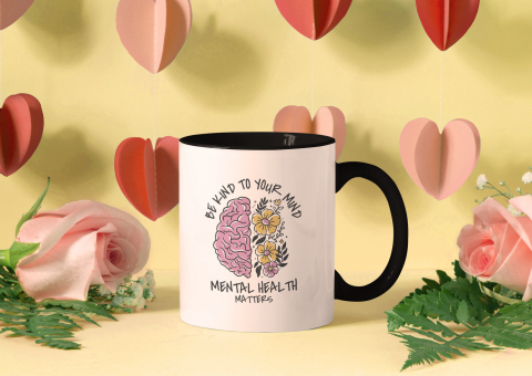 Cana Cu Mesajul Be Kind To Your Mind, Creier Langa Flori, Mental Health Matters, Love Yourself, Personalizat, 330 ml, Maner Negru [2]