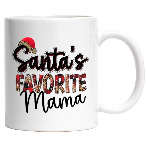 Maner Alb - Cana cu mesajul "Santa's favorite mama", mama preferata a mosului, Craciun fericit, ilustratie, iarna, caciula cu Maner Alb