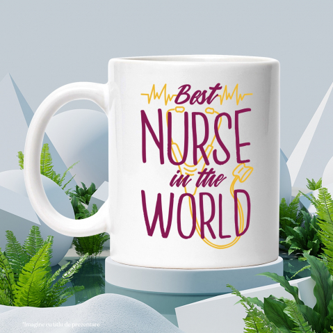 Cana Cu Mesajul The Best Nurse In The World, Asistenta Medicala, Mov Galben, Love Yurself, Iubitorii De Medicina, 330 ml,   cu maner Alb [2]
