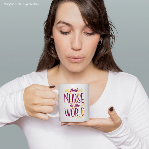 Cana Cu Mesajul The Best Nurse In The World, Asistenta Medicala, Mov Galben, Love Yurself, Iubitorii De Medicina, 330 ml,   cu maner Alb [3]