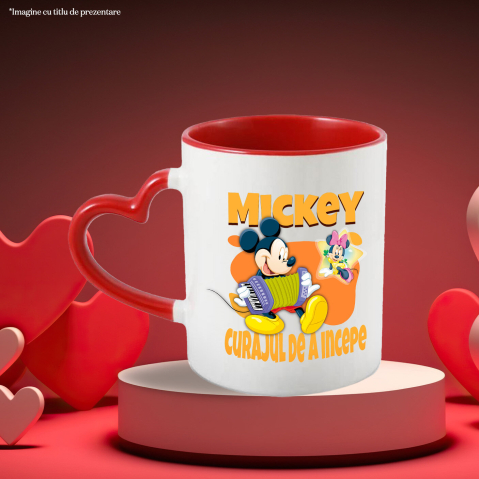 Cana Cu Mickey, maestrul acordeonului Ceramica, 330ML, cu Maner Inima Rosie [2]