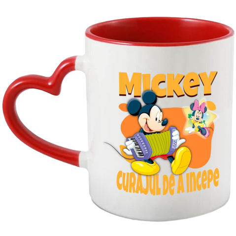 Desene Animate - Cana Cu Mickey, maestrul acordeonului Ceramica, 330ML, cu Maner Inima Rosie
