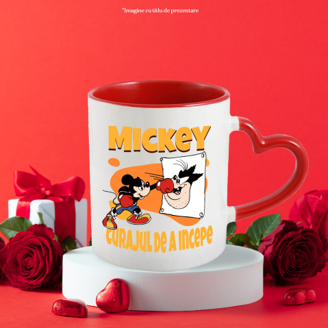 Cana Cu Mickey Mouse – campionul din ring Ceramica, 330ML, cu Maner Inima Rosie [2]