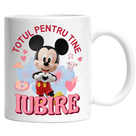 Desene Animate - Cana Cu Mickey Mouse, Iubire, Dragoste, Afectiune, Inima Ceramica, 330ML, cu Maner Alb