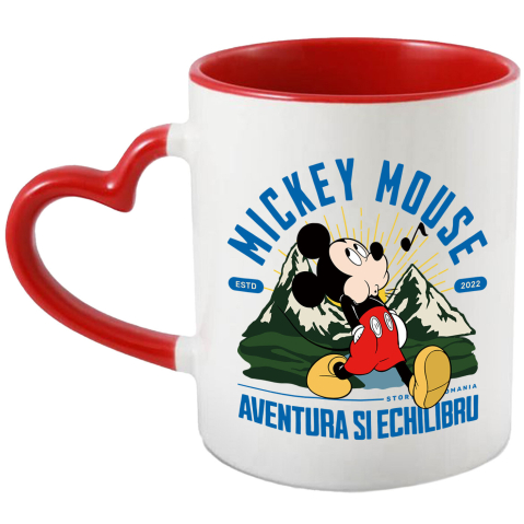 Calatorie - Cana Cu Mickey Mouse la Munte – Aer Curat si Zambete Ceramica, 330ML, cu Maner Inima Rosie