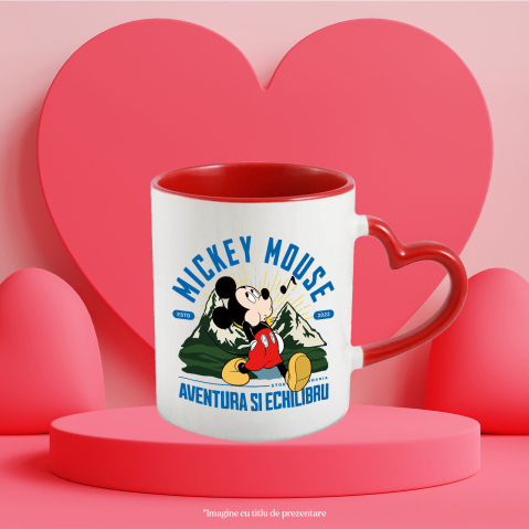 Cana Cu Mickey Mouse la Munte – Aer Curat si Zambete Ceramica, 330ML, cu Maner Inima Rosie [2]